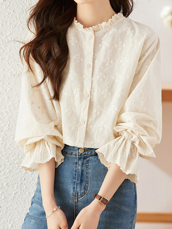 Bell Long Sleeve Flower Embroidery Shirt