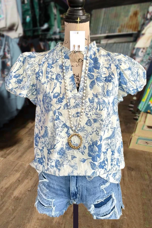 Floral Print Ruffle V-Neck Puff Sleeve Top