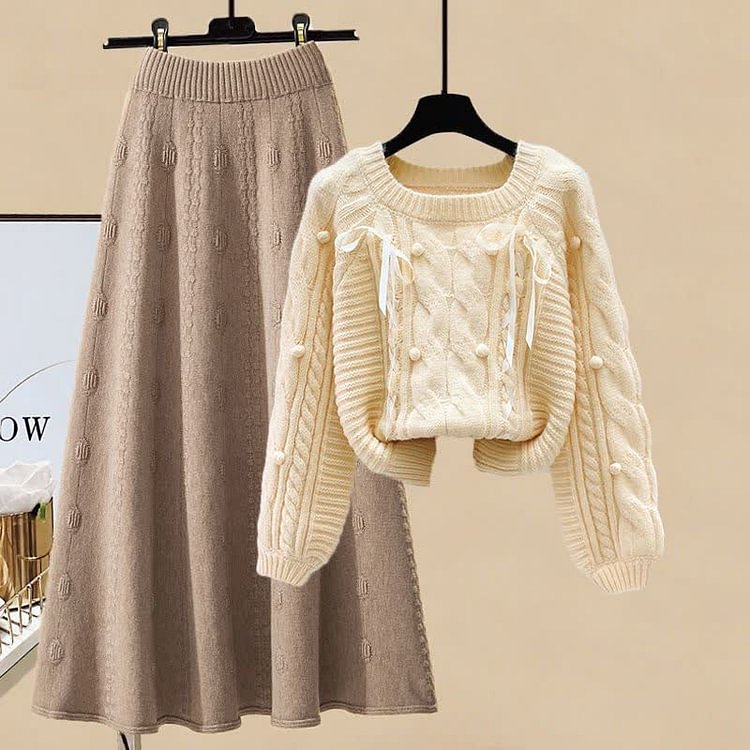 Pills Decor Cable Knit Sweater Skirt Two Piece Set