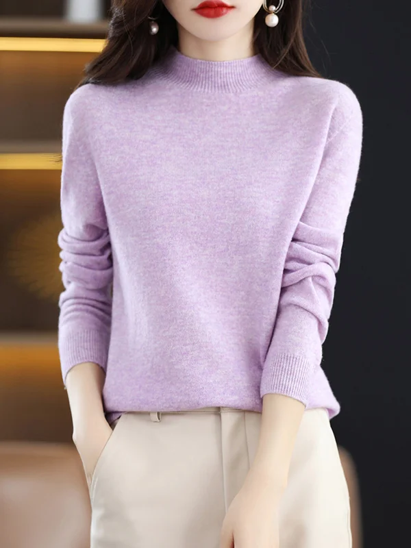 Office Long Sleeves Solid Color High-Neck Sweater Tops Pullovers