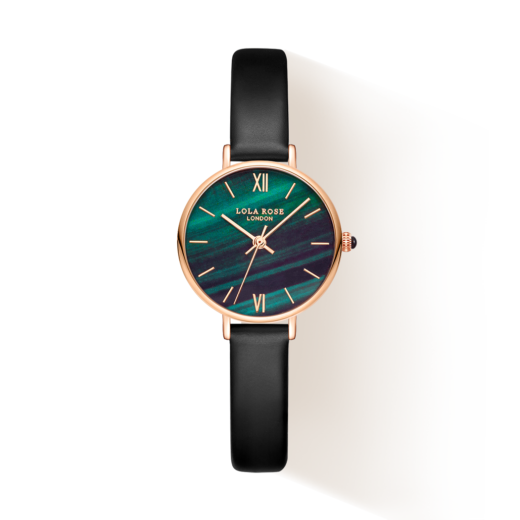LOLA ROSE Watch - Malachite Pattern Watch With Black Leather Strap