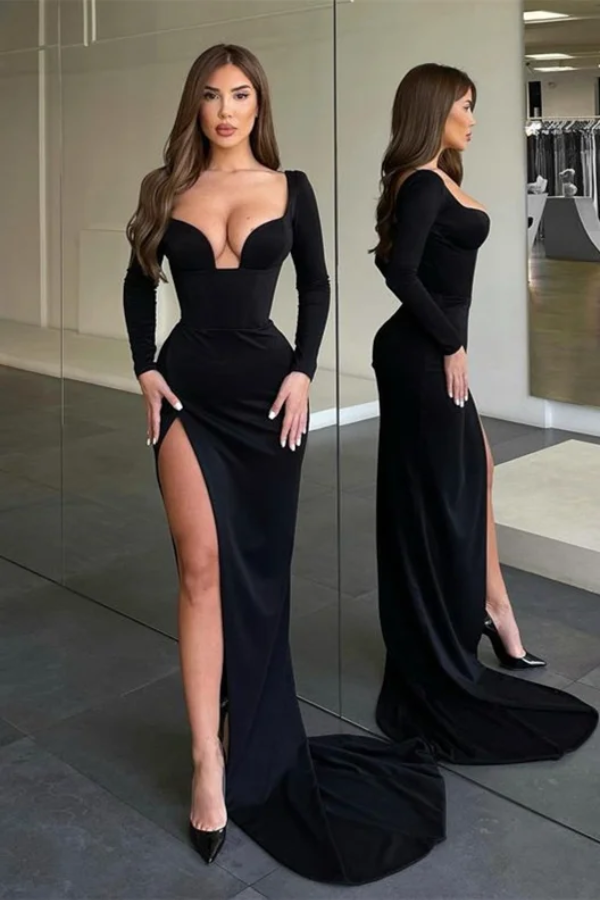 Elegant Black Deep V-Neck Prom Dress Mermaid with Split - Ohprom