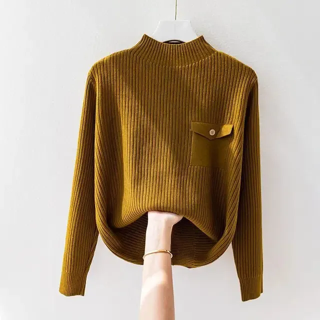 Women's Ribbed Knit Jumper &ndash; Mock Neck with Button Detail &ndash; Light Brown