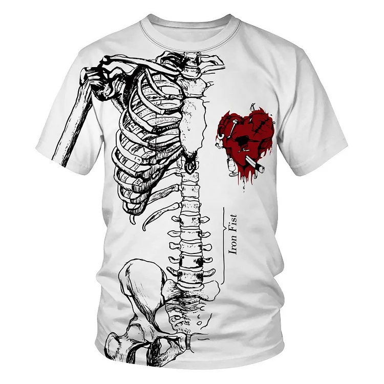 Skeleton Pattern Skull 3D Print Loose Casual Round Neck T-Shirt at Hiphopee