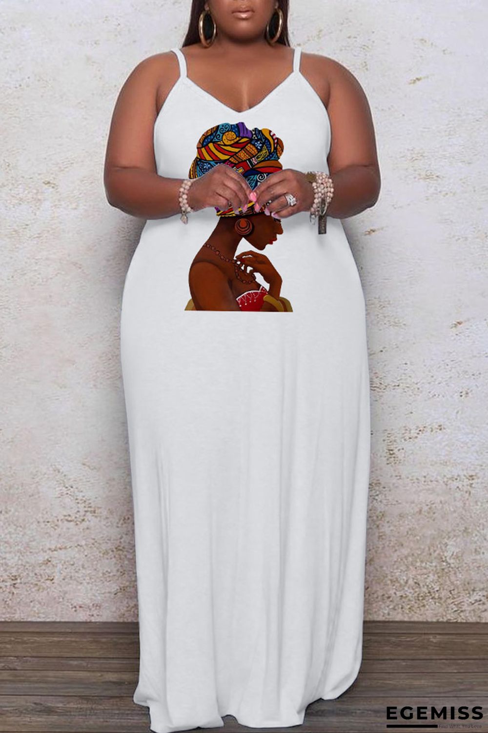White Casual Print Patchwork Spaghetti Strap Sling Dress Plus Size Dresses | EGEMISS