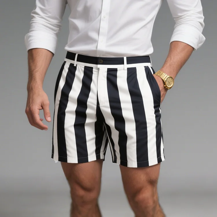 Okaywear Mid Rise Slant Pocket Straight Black Striped Shorts Okaywear