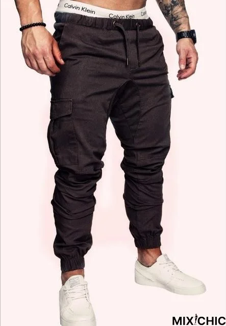Men Casual Joggers Solid Color Pants Cotton Elastic Long Trousers