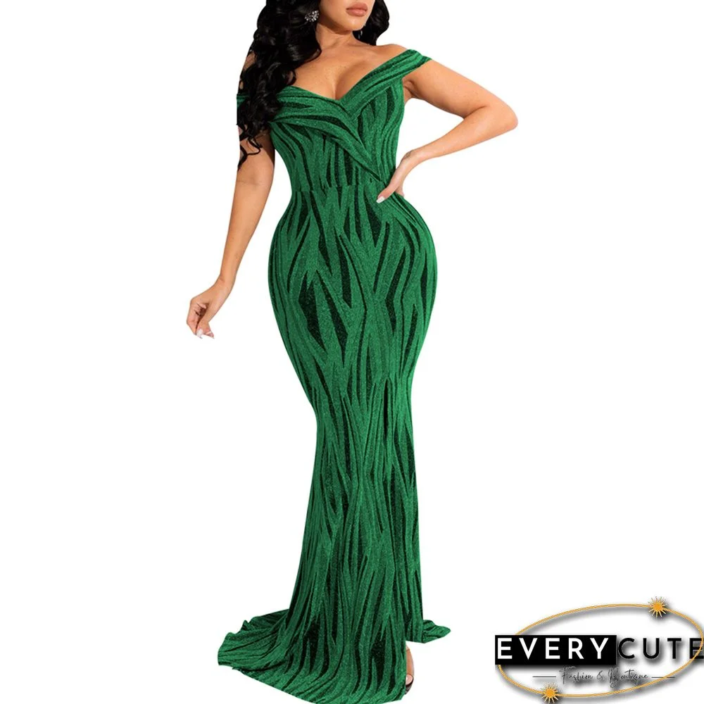 Green Shiner V-Neck Fishtail Evening Dress