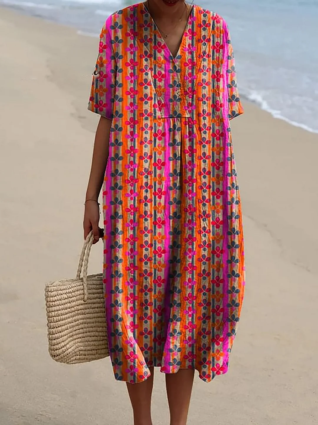 Colorful Geometric Floral Pattern Printed Women's Flowy Dress
