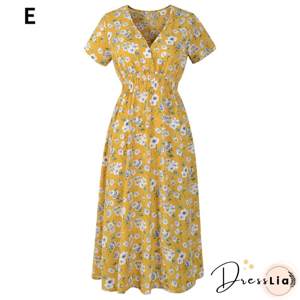 Women's Fashion Bohemian Skirt Chiffon Summer Print V-Neck Short-Sleeved Floral Dress
