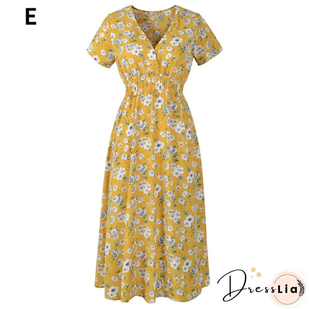 Women's Fashion Bohemian Skirt Chiffon Summer Print V-Neck Short-Sleeved Floral Dress