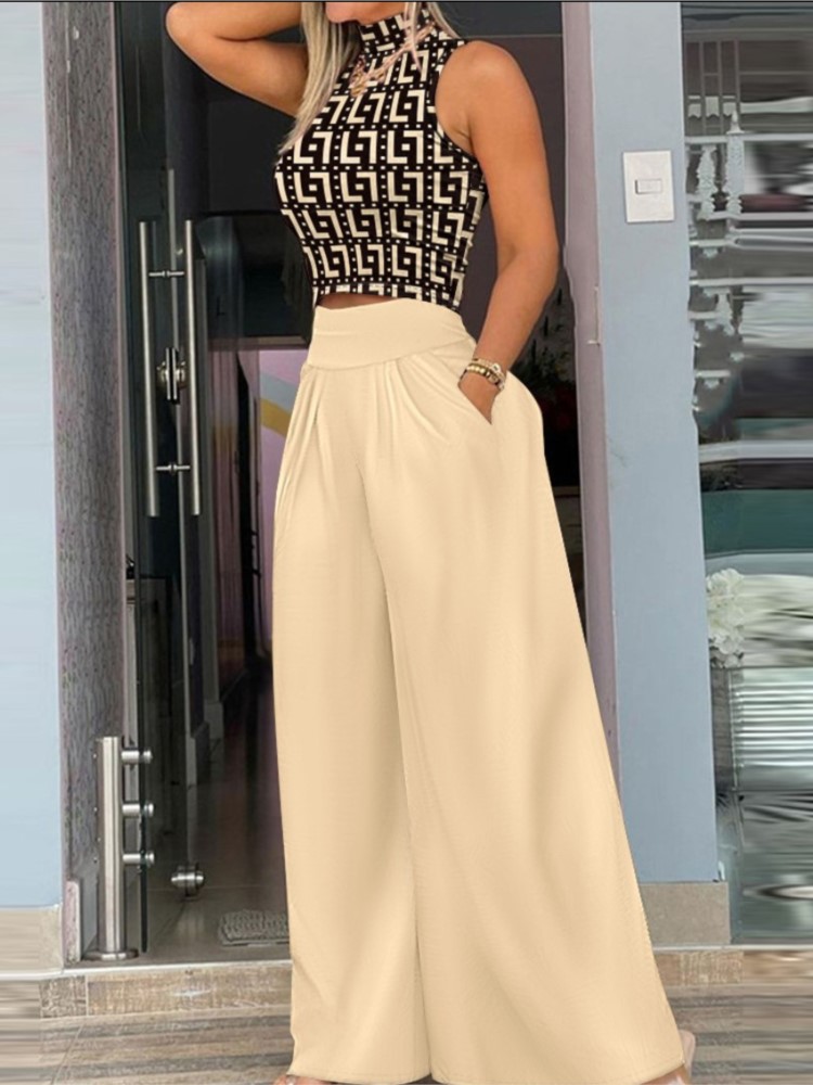 Wimdaily 2025 Elegant Women's Two Pieces Set Summer Mock Neck Sleeveless Solid Crop Top & Plants Print Wide Leg Pants Set Outfits Female