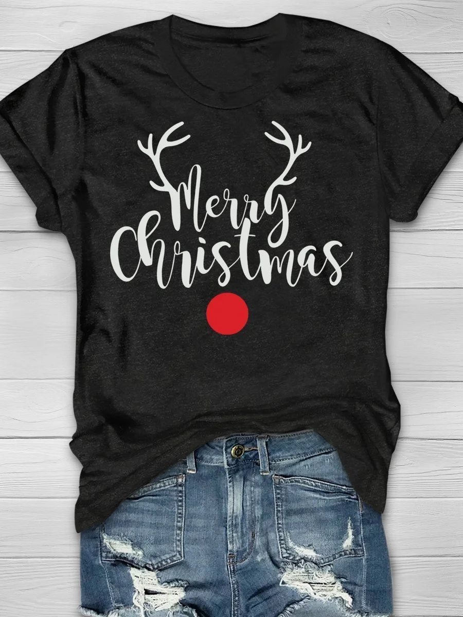 Eagerlys Christmas Deer Print Short Sleeve T-shirt Eagerlys