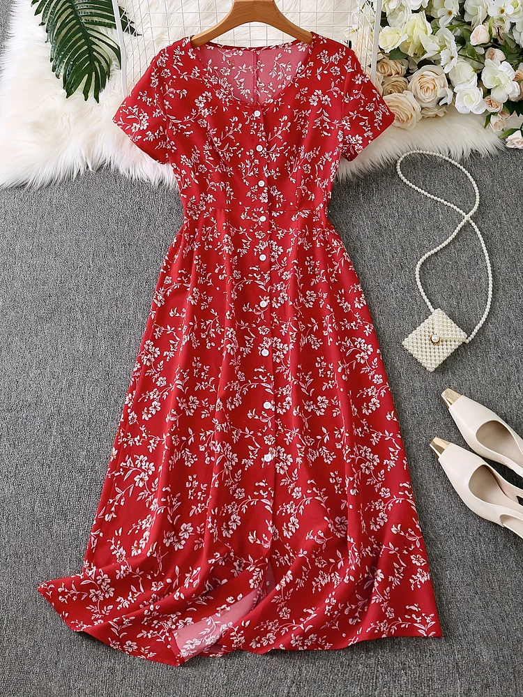 Elegant Button-Up Dress For Women With Floral Print And Woven Fabric