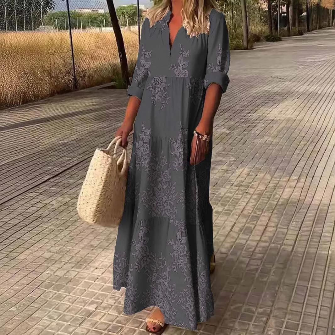 Women Ethnic, Grey, Flowers DZDN0479 SPU Printed Long Sleeve V-neck Maxi Dress