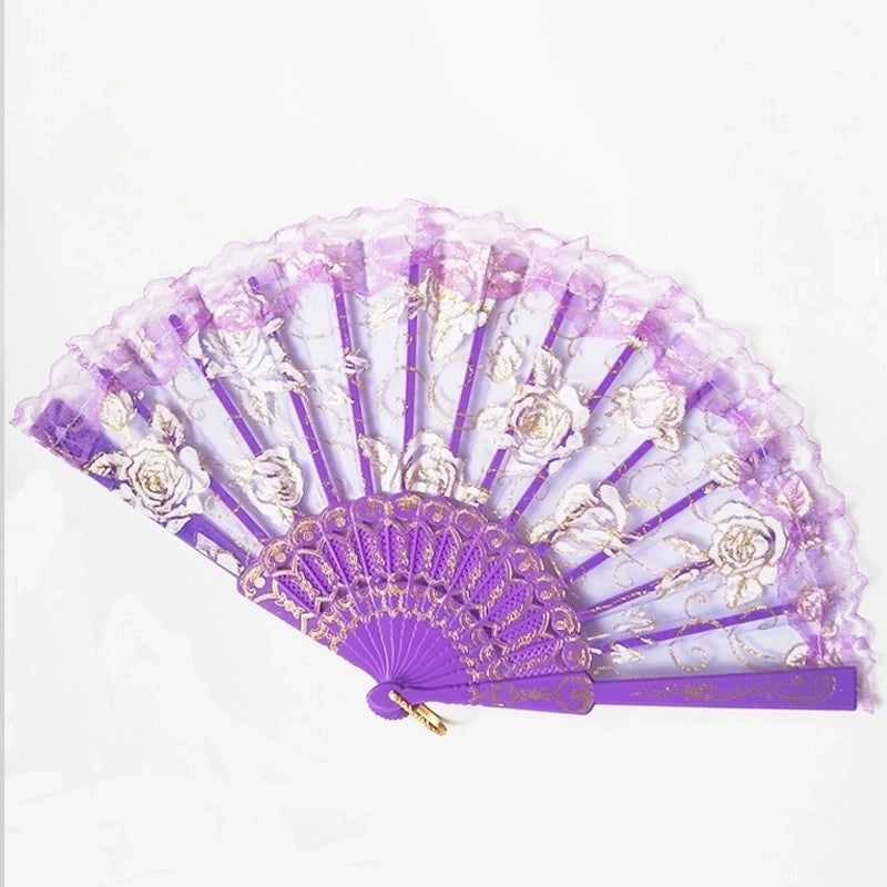 New Solid Color Plastic Women’s Lace Rose Folding Fan