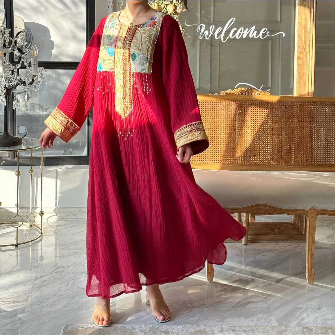 Women's Middle Eastern Ethnic Patchwork Linen Jalabiya