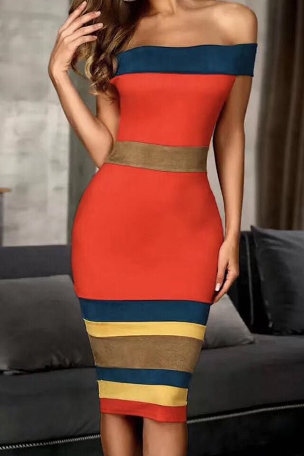 Color-block Off Shoulder Striped Bandage Dress - Shop Trendy Women's Clothing | LoverChic