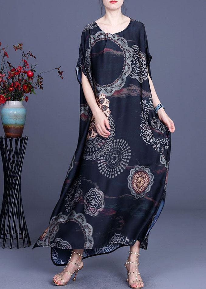 Bohemian Black Print side open Silk Summer Ankle Dress