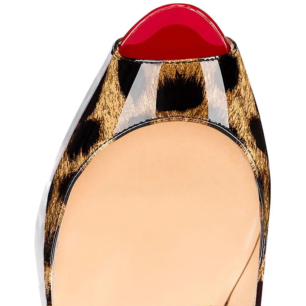 150mm Slingback Sandals Platforms Sky High Party Gradient Color Leopard with Red Heels Pumps-vocosishoes