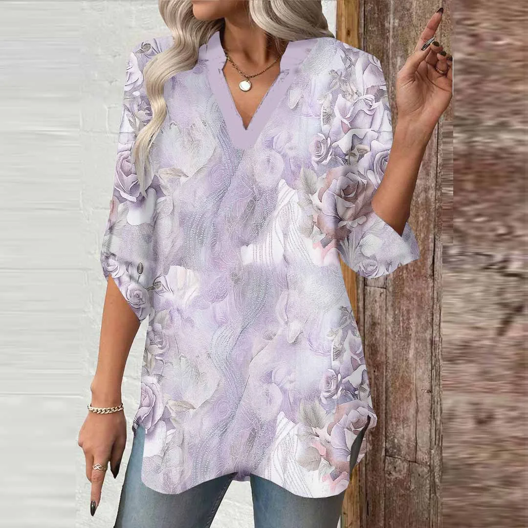 Women Floral, Rose, Pink Purple DZGA0608 3/4 Sleeve V-neck Printed Graphic Button Tops