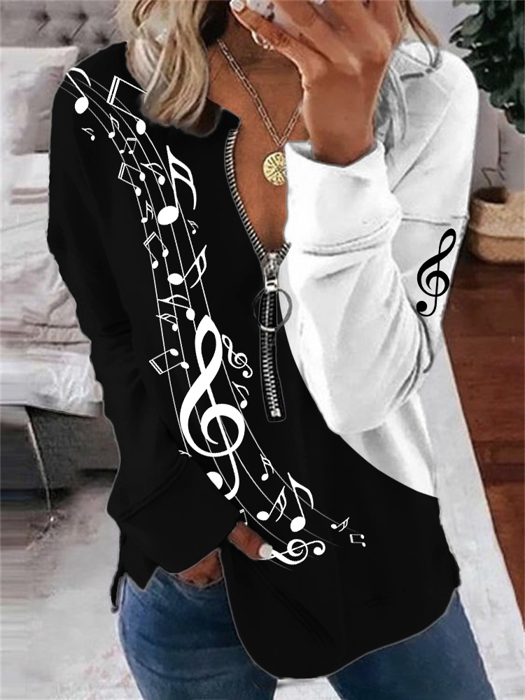 Music Notes Wave Contrast Zip Up Sweatshirt wearshes