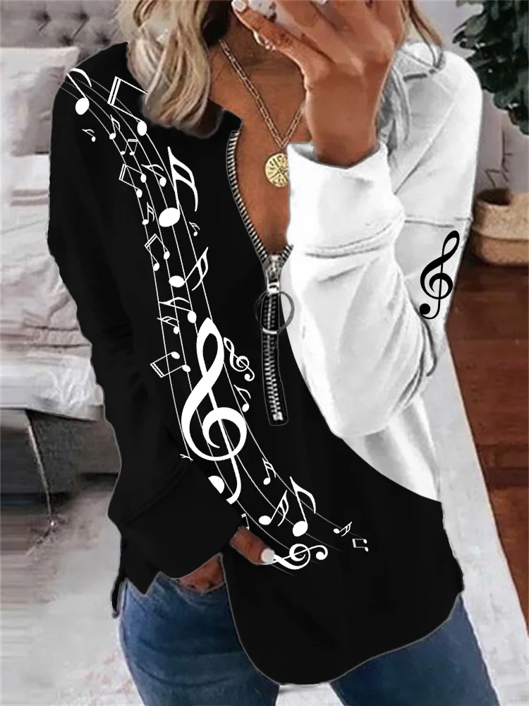 Music Notes Wave Contrast Zip Up Sweatshirt