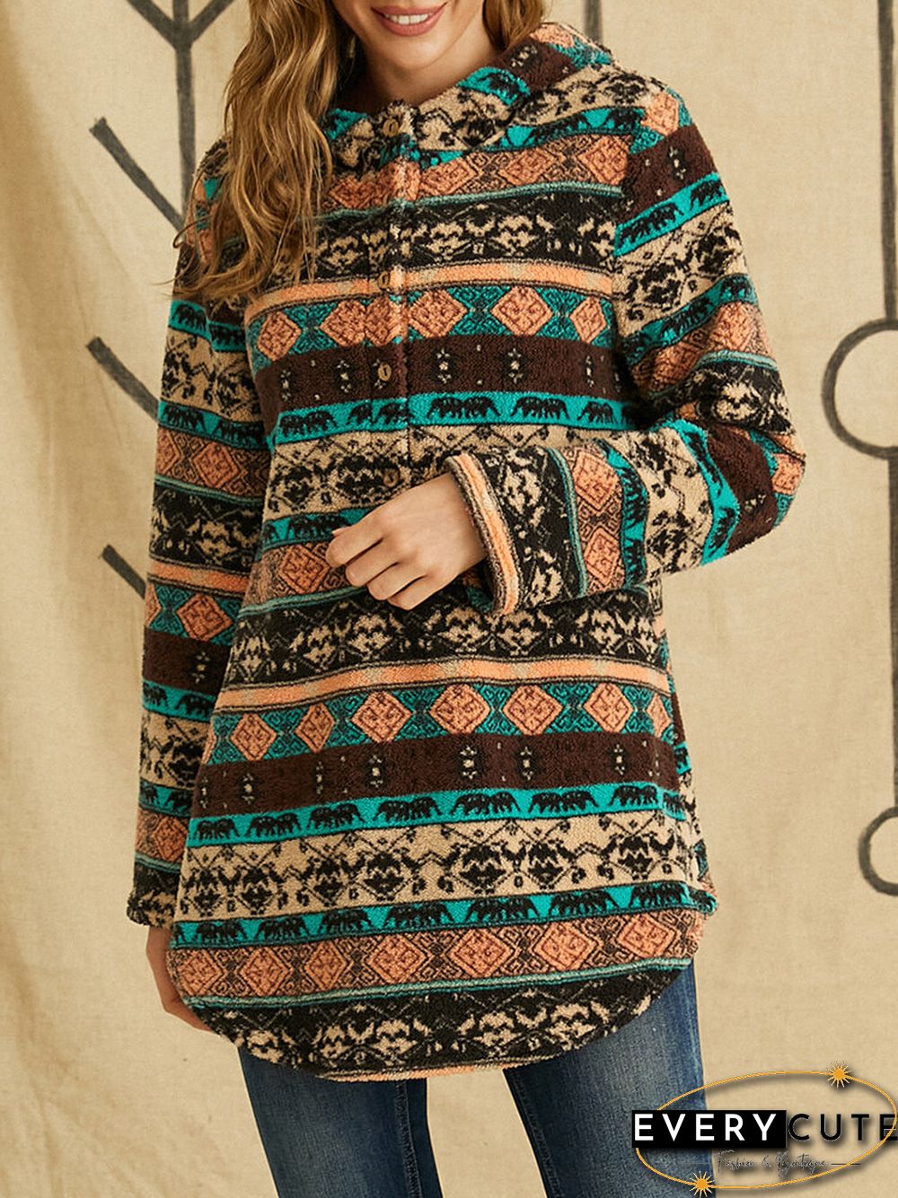 Vintage Ethnic Pattern Print Pocket Hooded Casual Coat for Women