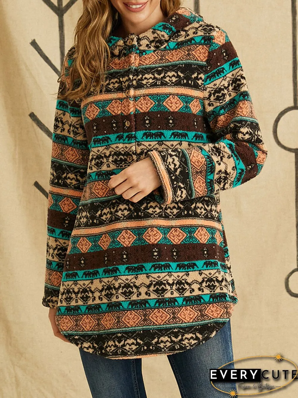Vintage Ethnic Pattern Print Pocket Hooded Casual Coat for Women