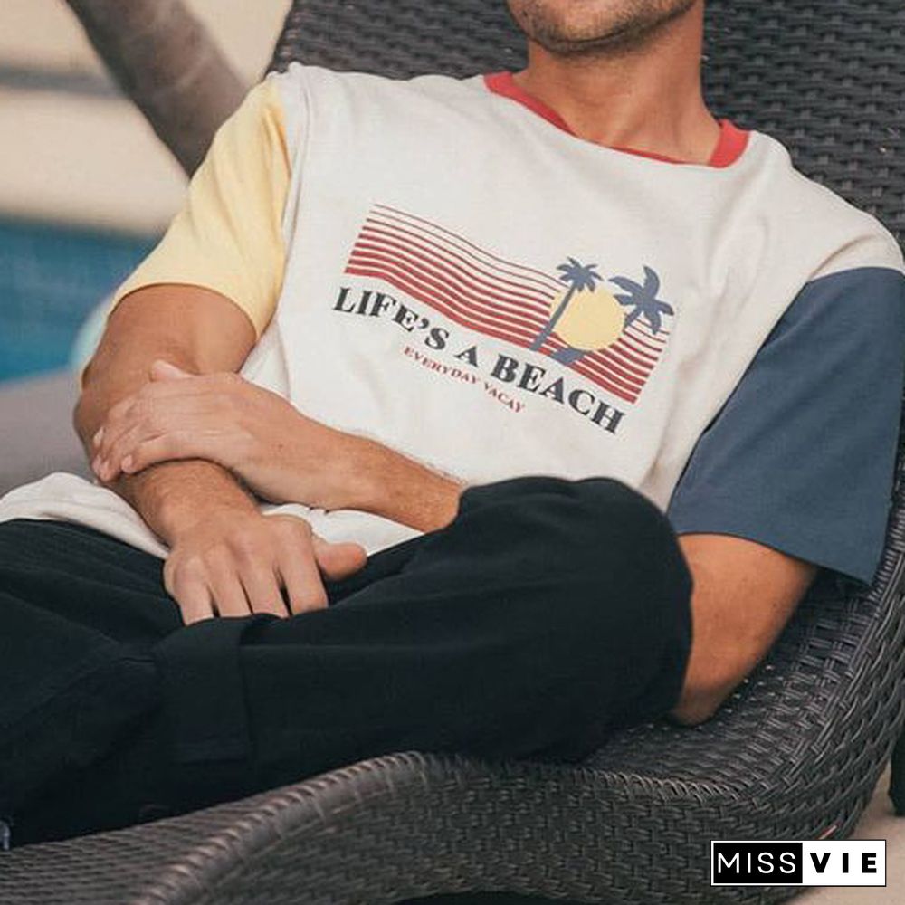 Colorblock Beach Print Holiday Style T-Shirt