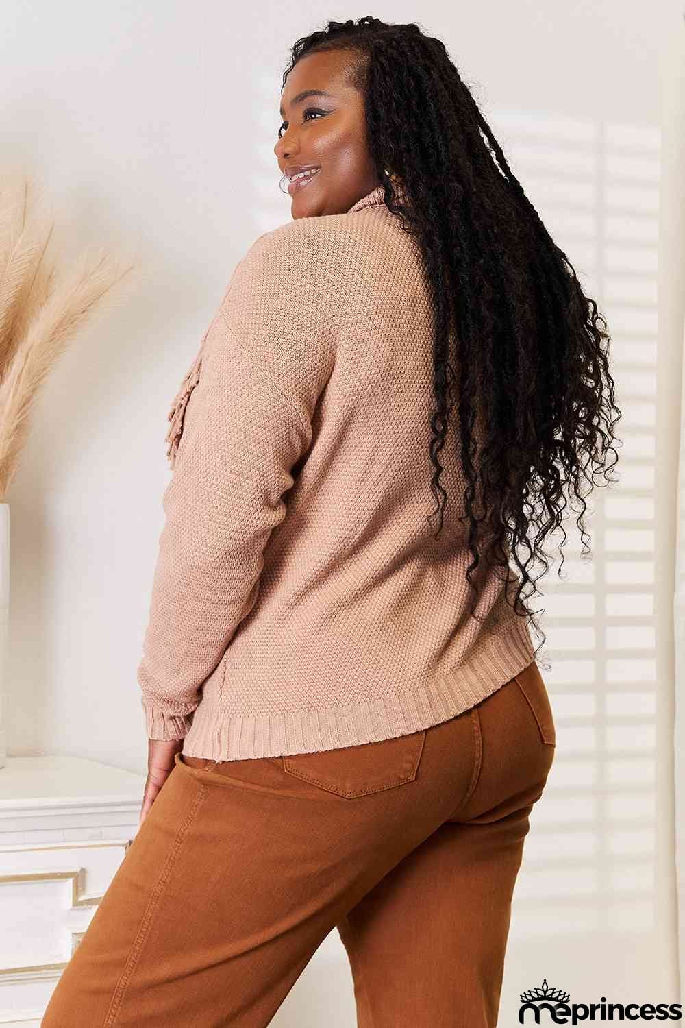 Woven Right Turtleneck Fringe Front Long Sleeve Sweater