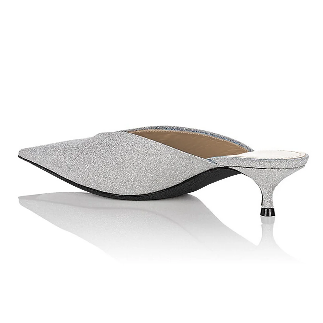Sparkly Silver Glitter Pointed Toe Kitten Heel Mules for Women