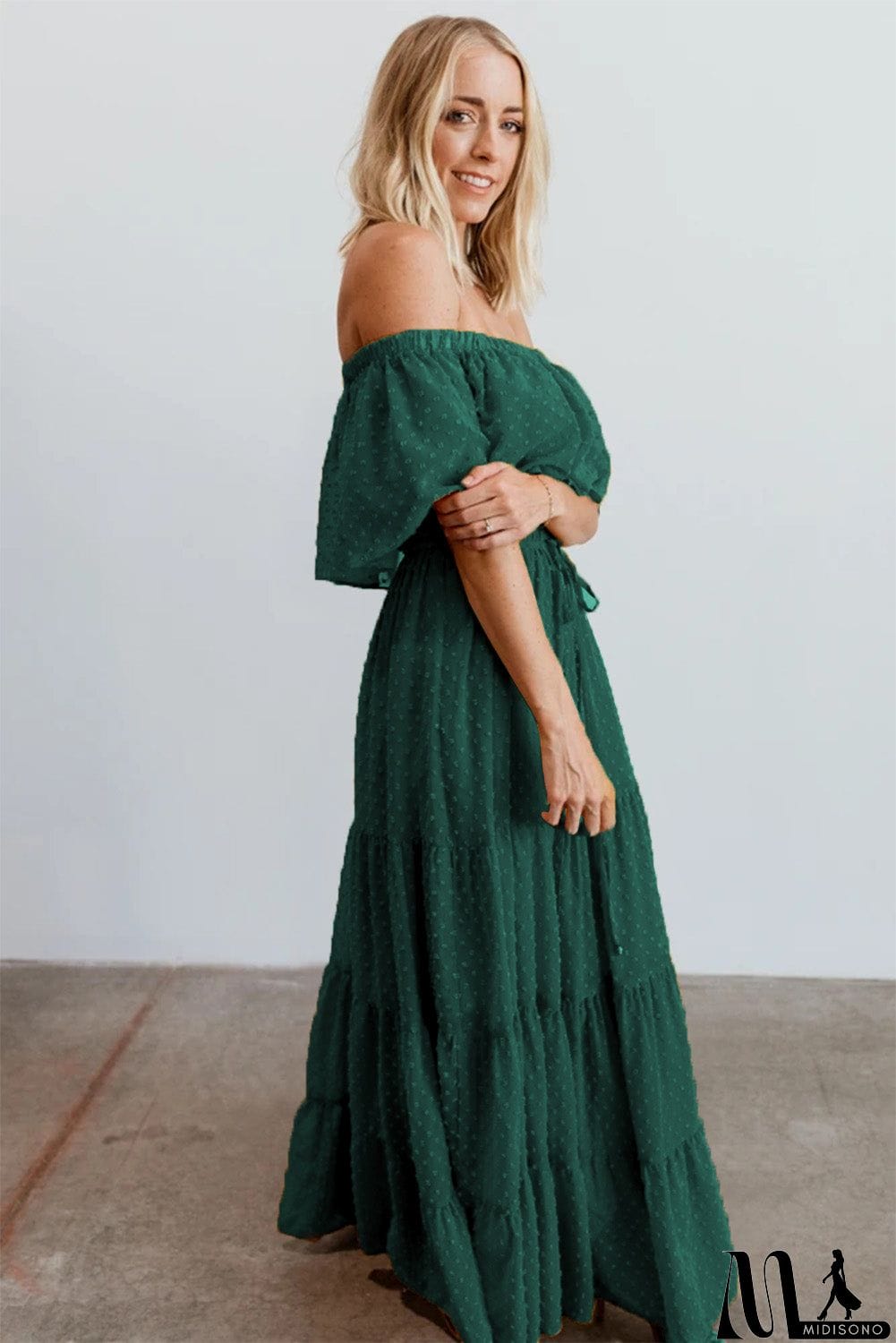 MidiSono - Rust Red Off Shoulder Ruffle Swiss Dot Maxi Dress