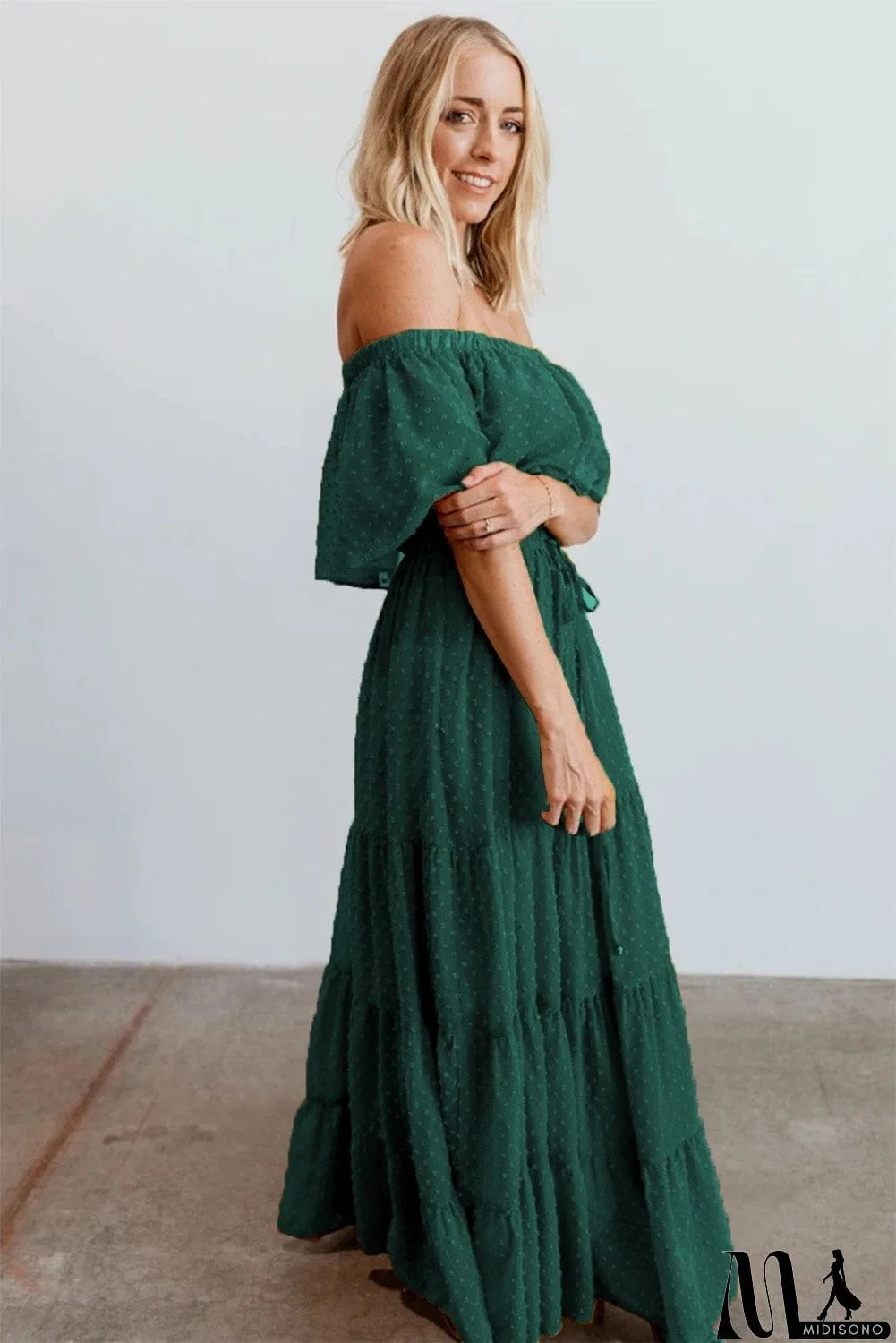 MidiSono - Rust Red Off Shoulder Ruffle Swiss Dot Maxi Dress