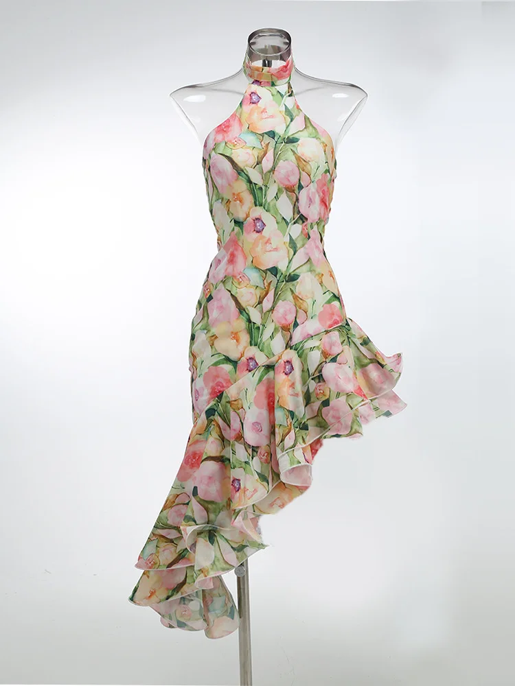 Brownm New Sexy Shoulder Hanging Neck Print Dress In The Long Dress Irregular Lotus Leaf Side Temperament Dress Dress