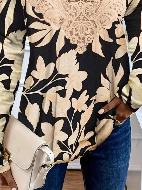 Women's Long Sleeve Scoop Neck Floral Printed Lace Stitching Top