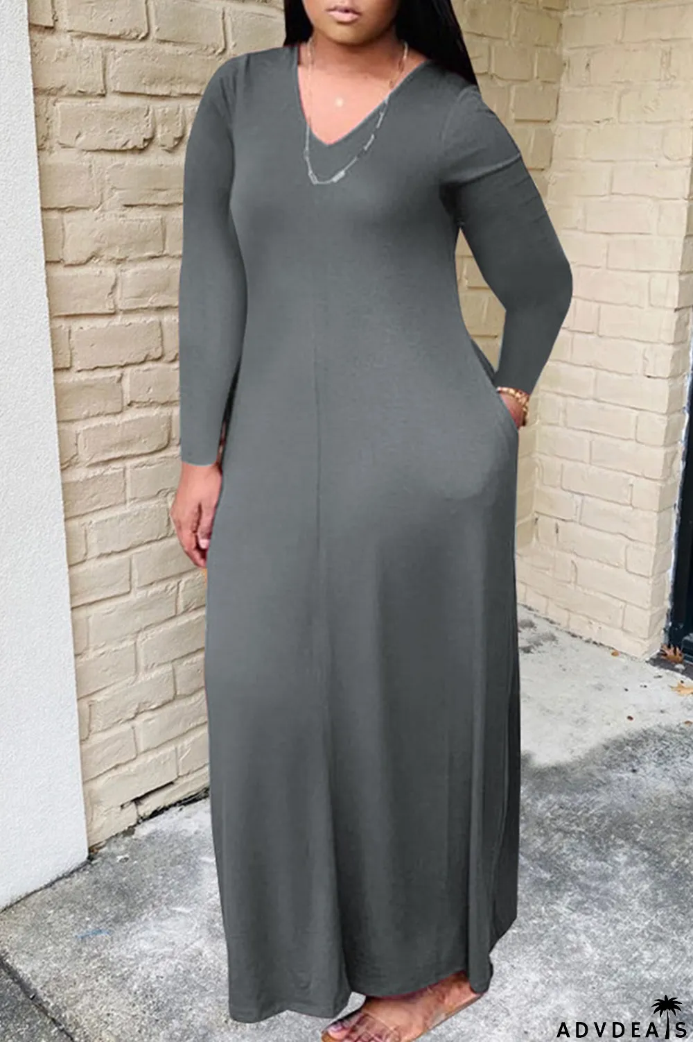 Grey Casual Solid Patchwork V Neck Long Sleeve Plus Size Dresses