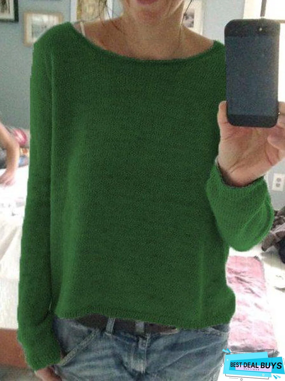 Casual Shift Round Neck Plain Sweater