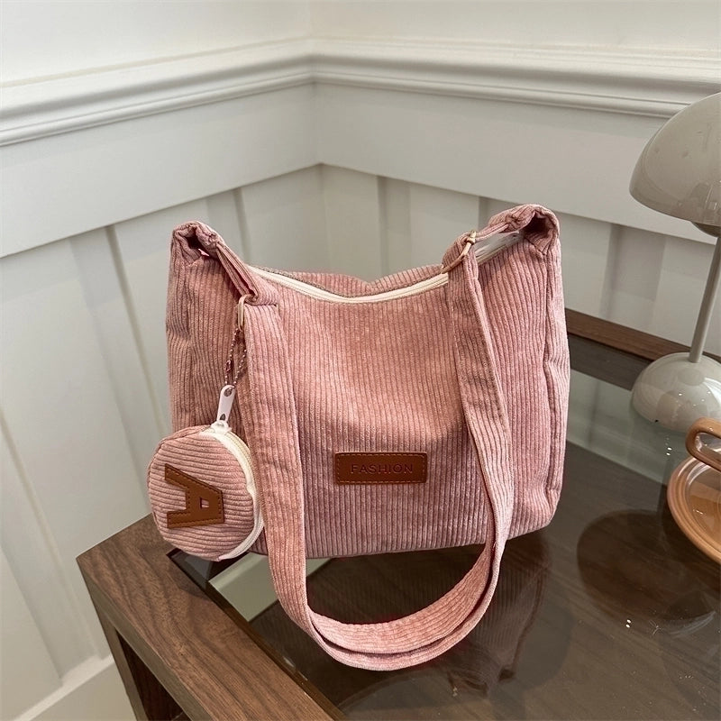 Women’s Corduroy Solid Color Classic Style Square Zipper Shoulder Bag