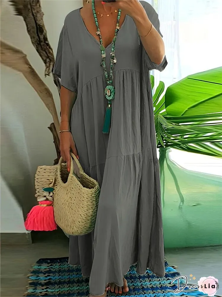 Yellow Plain Short-Sleeved Pockets Dress