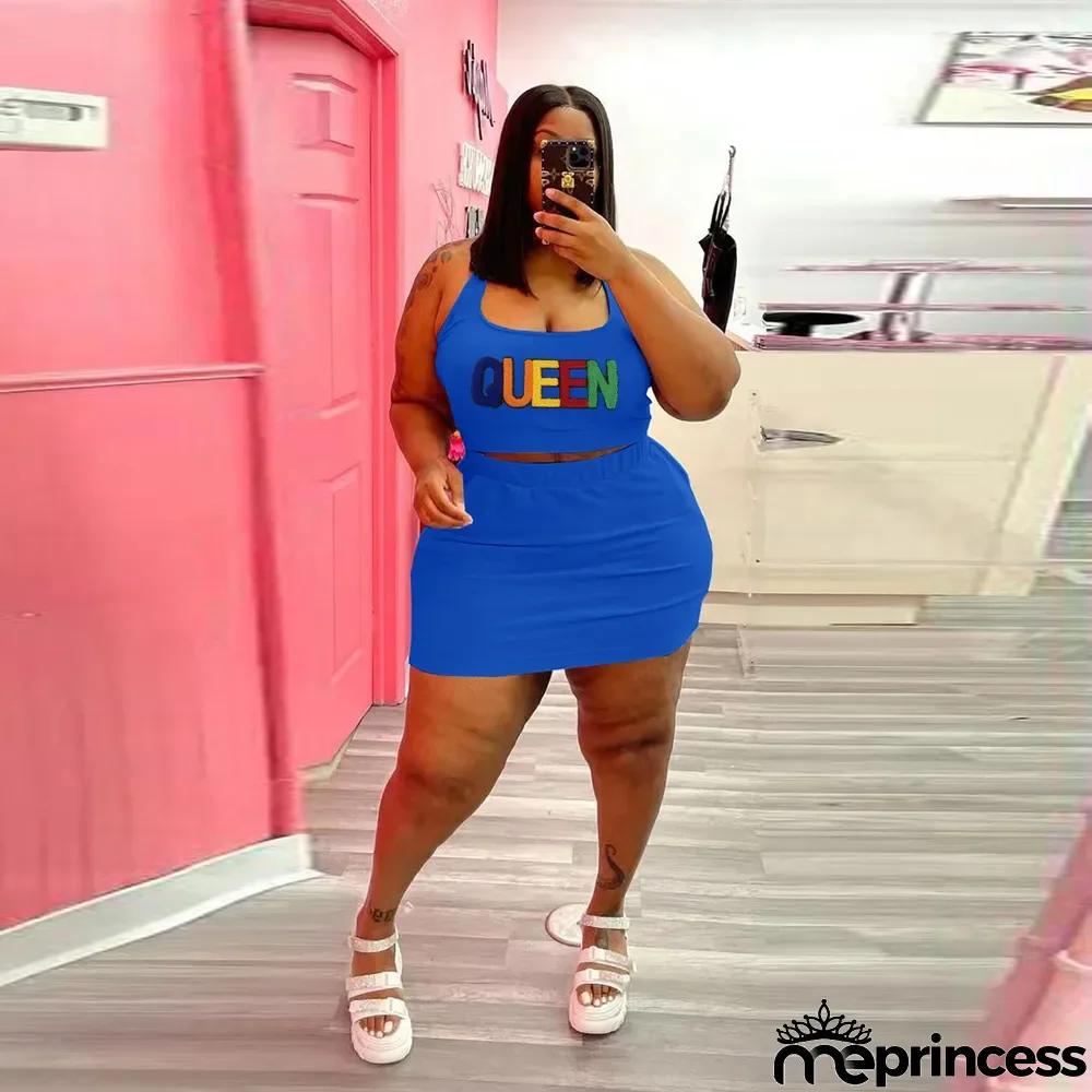 Plus Size Letter Print Tank Top Mini Skirt 2 Piece Sets