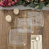 10 Pack | 7" Clear with Gold Rim Square Plastic Dessert Party Plates, Disposable Appetizer Salad Plates