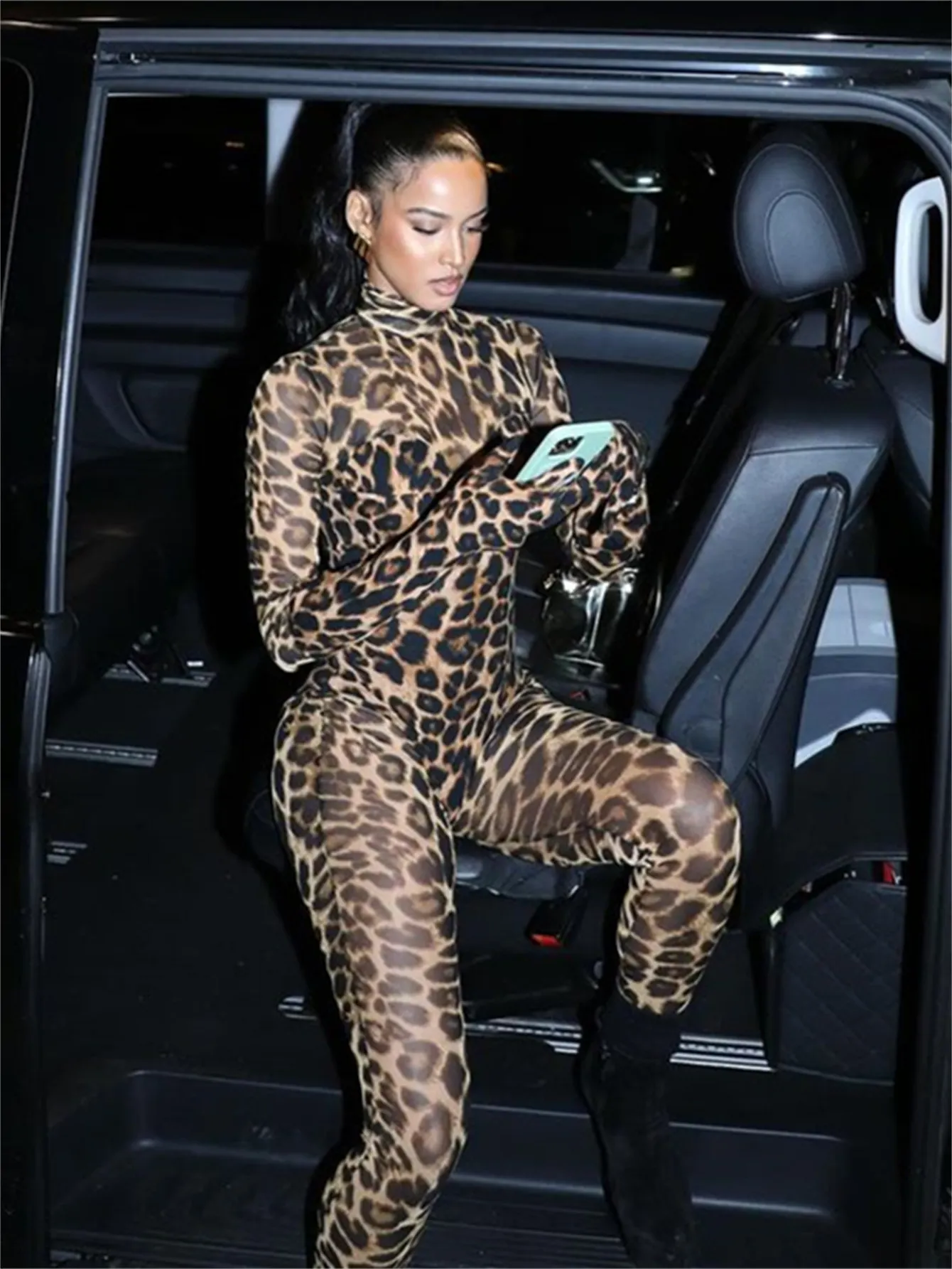 Autumn Slim Sexy Mesh See through Leopard Print Stretch Jumpsuit