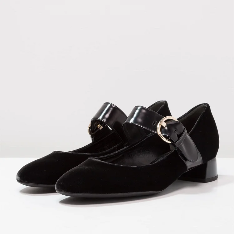 Black Velvet Mary Jane Pumps Buckle Block Heels Office Shoes |FSJ Shoes