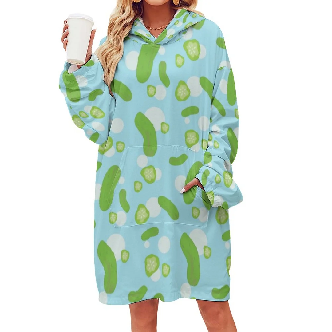 Raining Pickles Oversized Sherpa Fleece Sweatshirt Blanket Hoodie Warm Cozy Wearable Tops with Pocket
