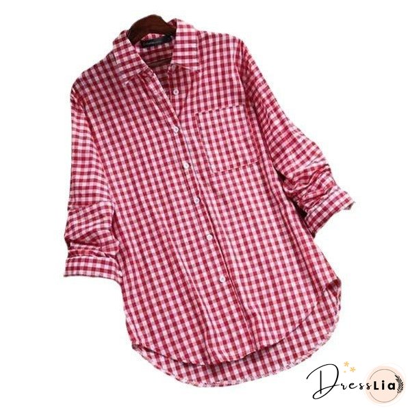 Women's Cotton Plaid Lapel Long-sleeved Retro Shirt Blouses
