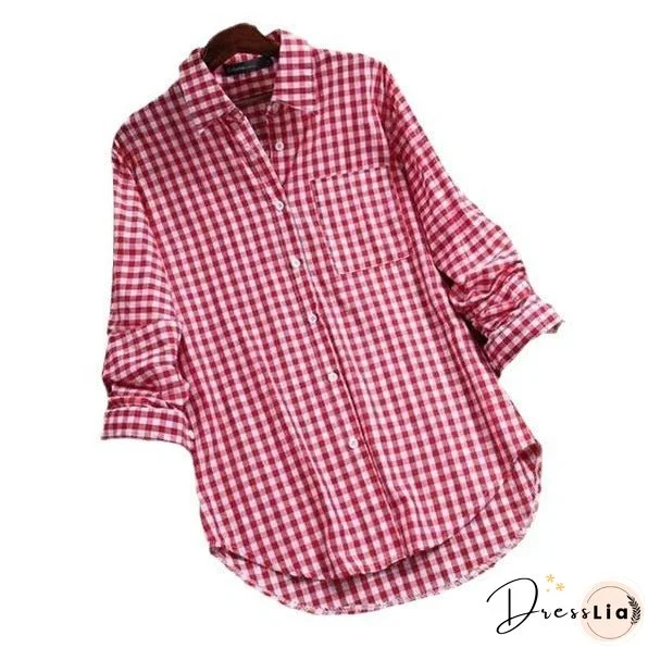 Women's Cotton Plaid Lapel Long-sleeved Retro Shirt Blouses