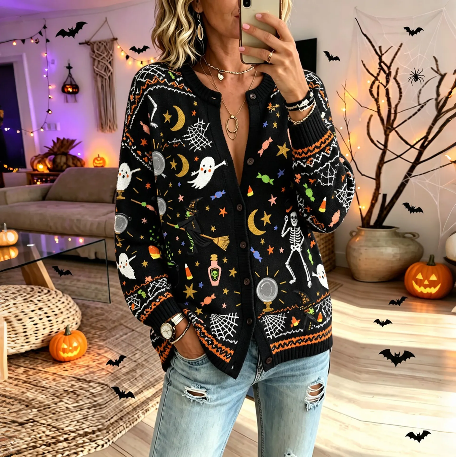 Comstylish Women's Halloween Witch Ghost Knitted Jacquard Cardigan