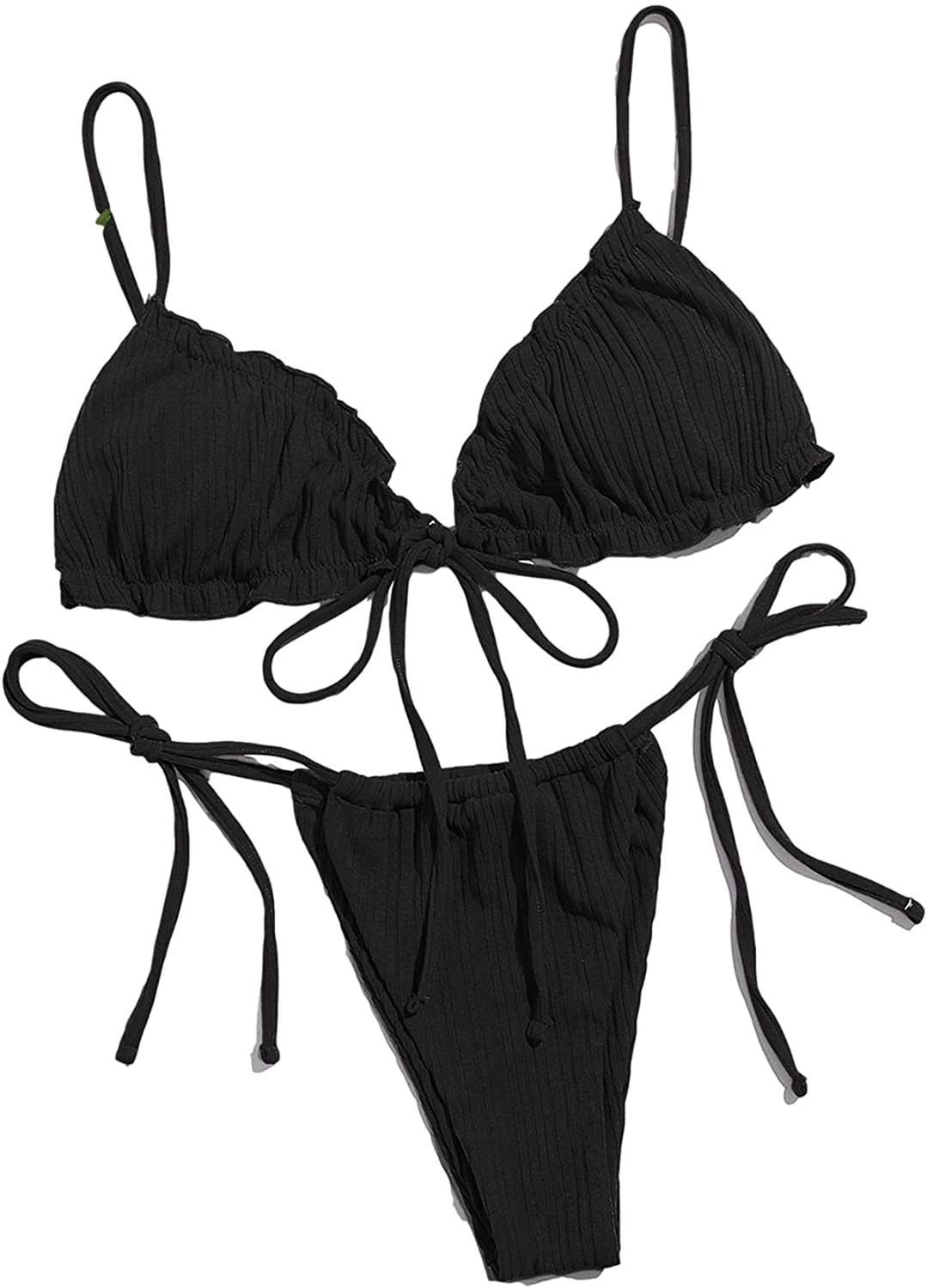 Sexy Ribbed Padded String Thong Brazilian Bikini Swimsuit Set for Women Side Tie Knotted Bathing Suit 2 Piece