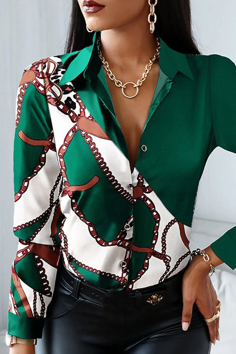 Casual Print Patchwork Buckle Turndown Collar Tops
